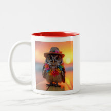 coruja hawaiana vestindo uma caneca de colar de le