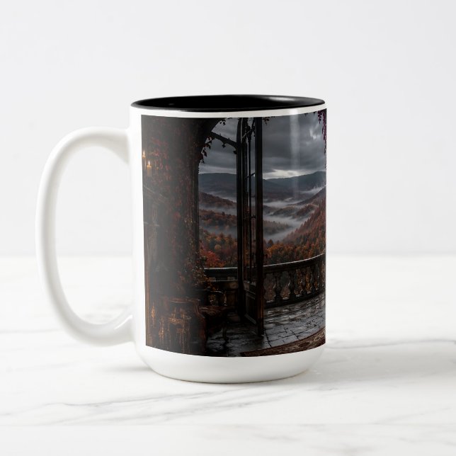 Café Em Dois Tons Dossel Gótico de Outono Quarto Preto Caneca (Esquerda)
