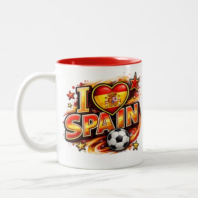 Café Em Dois Tons Eu Amo Caneca de Fã de Futebol da Espanha | Pérola (Esquerda)