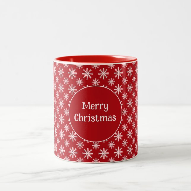 Café Em Dois Tons Feliz Natal Flocos de Neve Vermelho Branco Caneca  (Centro)