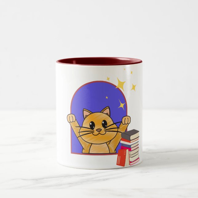 Café Em Dois Tons Gato Bonito Com Caneca De Livros (Centro)