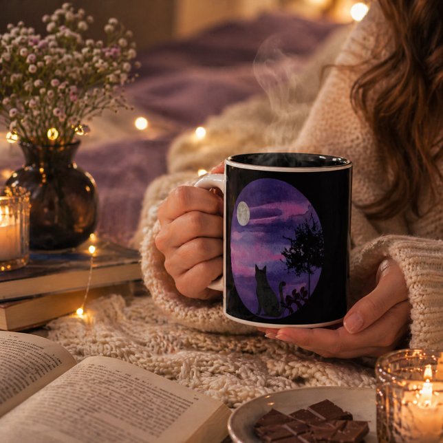 Café Em Dois Tons Gato Preto Fofo Sob a Lua – caneca para amantes de (Criador carregado)