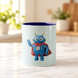 Café Em Dois Tons Herói Robô   Caneca de Mascote Super-Herói Azul Fo