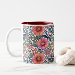 Café Em Dois Tons Jardim de primavera - Padrão floral 2 - Caneca de 