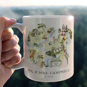 Café Em Dois Tons Mapa de Casamento Aquarela   Caneca de Recém-Casad