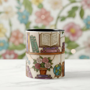 Café Em Dois Tons Presente de Caneca de Prateleira de Livros Florais