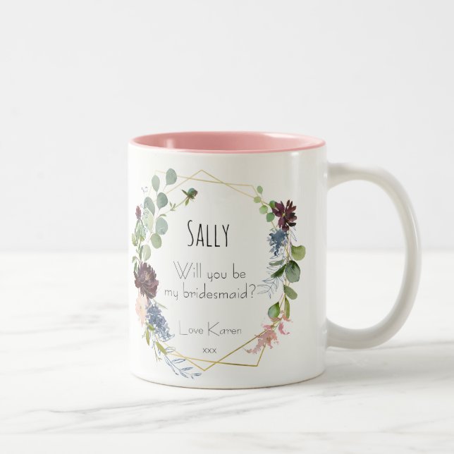 Café Em Dois Tons serás minha dama de honra caneca azul floral (Direita)