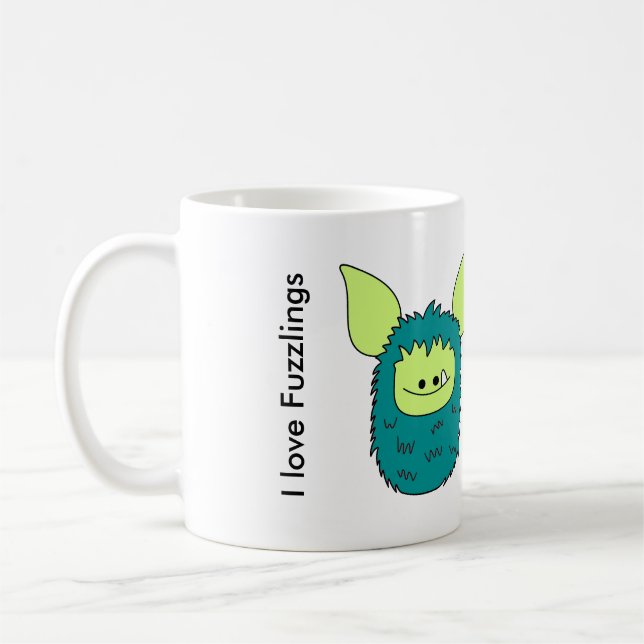 Café Eu amo a caneca de Fuzzlings - Fuzzling verde (Esquerda)