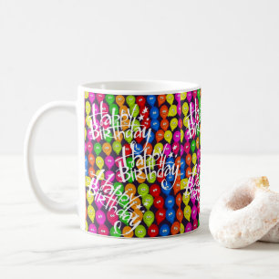 Café Feliz aniversário dos balões de caneca