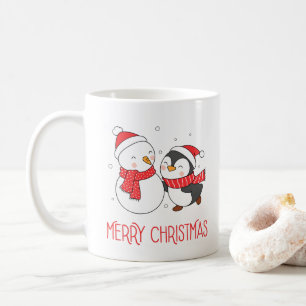 Café Feliz boneco de neve e pinguim, caneca de Natal