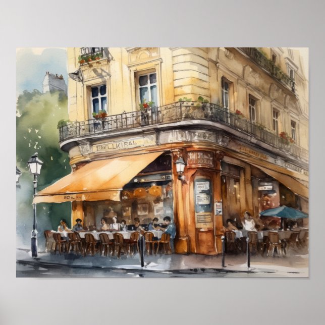 Café francês Watercolor Landscape Art Impressão (Frente)