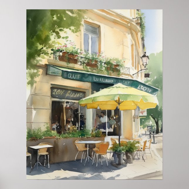 Café francês Watercolor Landscape Art Impressão (Frente)