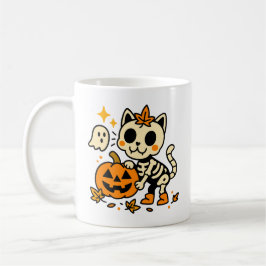 Café Gato Esqueleto Fofo com Caneca de Abóbora