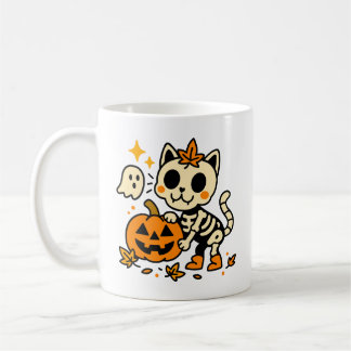 Café Gato Esqueleto Fofo com Caneca de Abóbora
