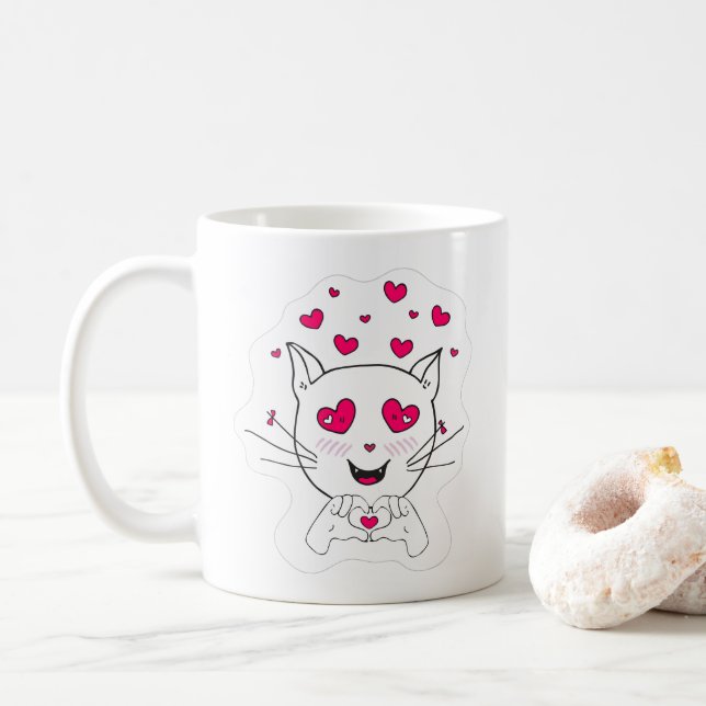 Café Gato kawaii bonito com caneca de amor. (Com Donut)