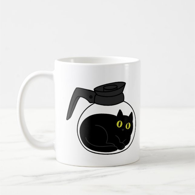 Café Gato Preto Curioso em Caneca de Cafeteira (Esquerda)