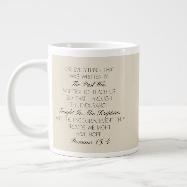 Café Grande Caneca com versículo de esperança Romanos 15:4 (Esquerda)