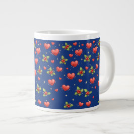 Café Grande Caneca Corações Azuis de Natal & Azevinho