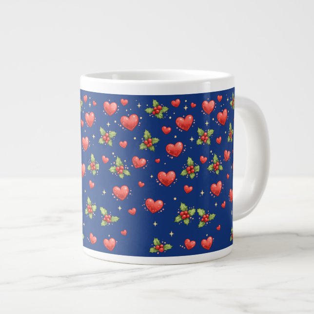 Café Grande Caneca Corações Azuis de Natal & Azevinho (Frente Esquerda)