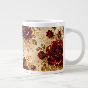 Café Grande Caneca de Luxo com Padrão Floral Rosa Borgonha e D
