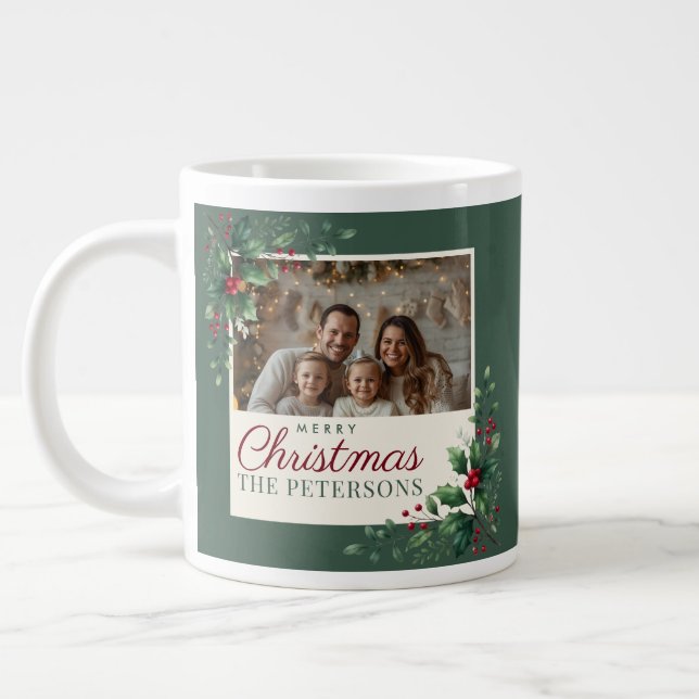 Café Grande Caneca de Natal com Foto Botânica Verde Clássica (Esquerda)