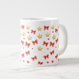 Café Grande Caneca de Natal Estrelas Douradas e Laços Vermelho
