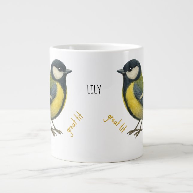 Café Grande Caneca de Pássaro Personalizada com Chapim (Frente)