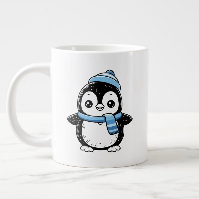 Café Grande Caneca de Pinguim Fofa Inverno  | Pinguim com Chap (Esquerda)