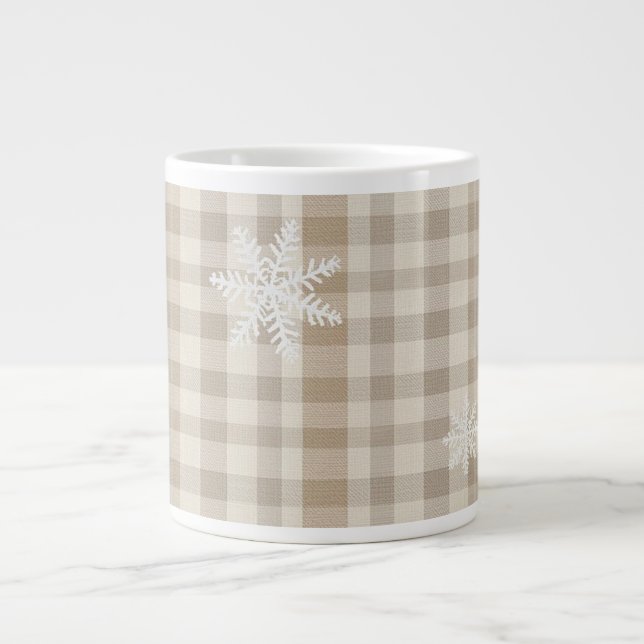 Café Grande Caneca Xadrez Gingham Floco de Neve – Bege e Taupe (Frente)