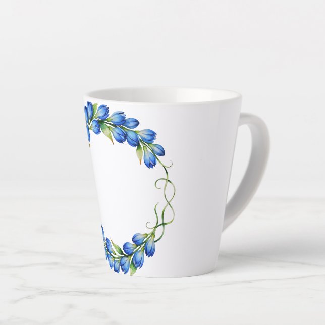 Café Latte Caneca com Coroa de Flores Azuis (Ângulo direito)