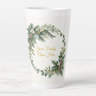 Café Latte Caneca de Natal com Nome da Família com Pinheiro e
