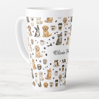 Café Latte Caneca Personalizada com Nome e Padrão de Animais