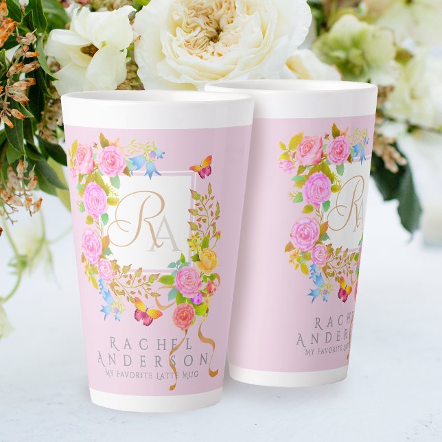 Café Latte Caneca Rosa de Jardim Romântico em Flor com Monogr (Elegant romantic flowers monogram design.)