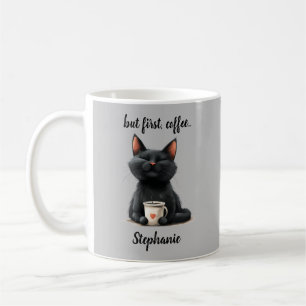 Café Mas primeiro, Caneca Engraçada de Gato Preto Prese