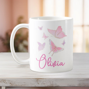 Café Moças de Borboleta Rosa Personalizadas Caneca