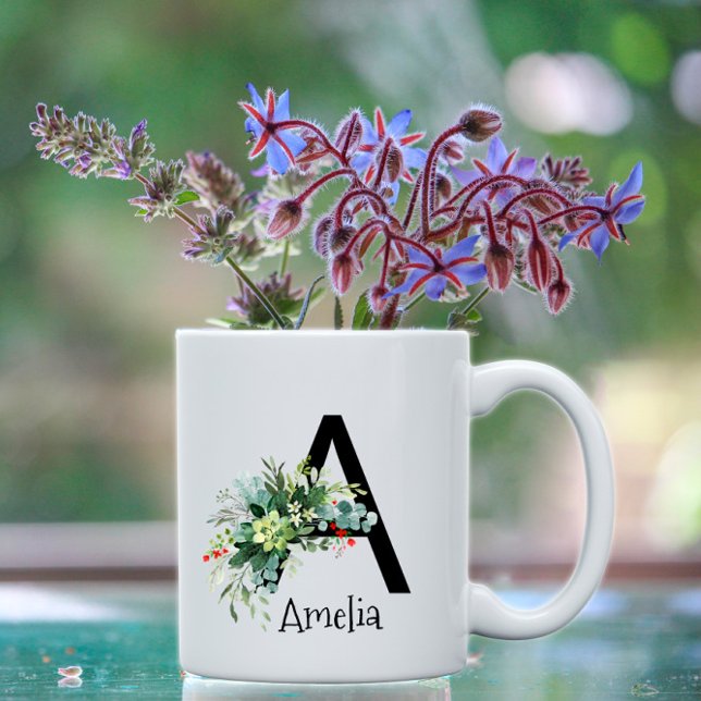 Café Monograma de flor de aquarela verde caneca branca  (Criador carregado)