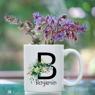Café Monograma de flores de jardim de aquarelas caneca