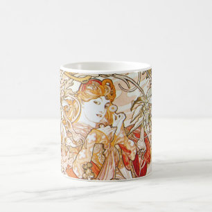 Café Mulher de Alphonse Mucha com a caneca de Nouveau