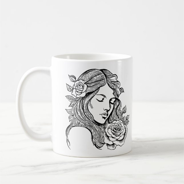 Café Mulher elegante negra e branca com caneca de flore (Esquerda)