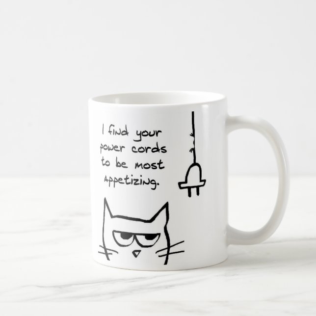Café O gato ama cabos de alimentação - caneca engraçada (Direita)
