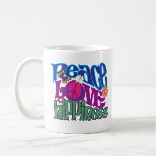 Café Paz, amor, caneca da arte de Hippieness