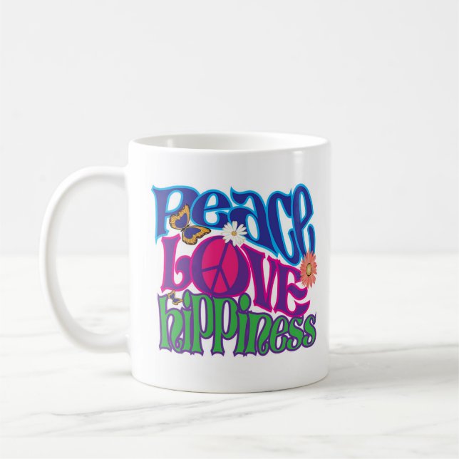 Café Paz, amor, caneca da arte de Hippieness (Esquerda)