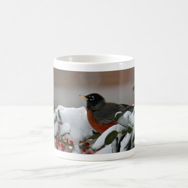Café Pisco de peito vermelho na caneca da neve (Centro)