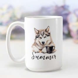 Café Siberian Husky com caneca de café, cão com atitude