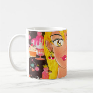 Café Toalha, menina que ama doces   em uma caneca de