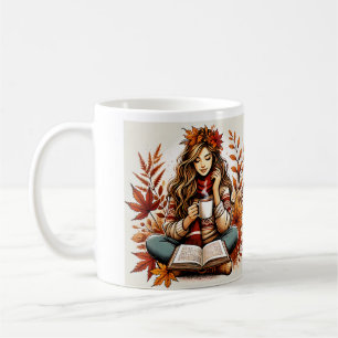 Café Uma caneca de uma garota bonita em um dia de outon
