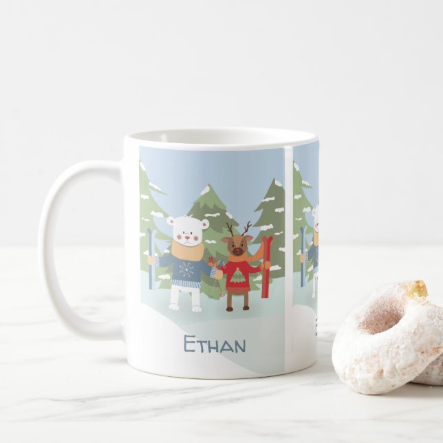 Café Urso polar de esquis e caneca personalizada (Com Donut)