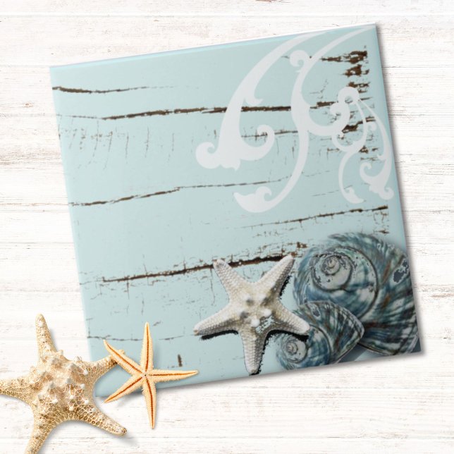 Cais-do-mar-do-mar (Coastal chic wood aqua blue starfish seashells ceramic tile)