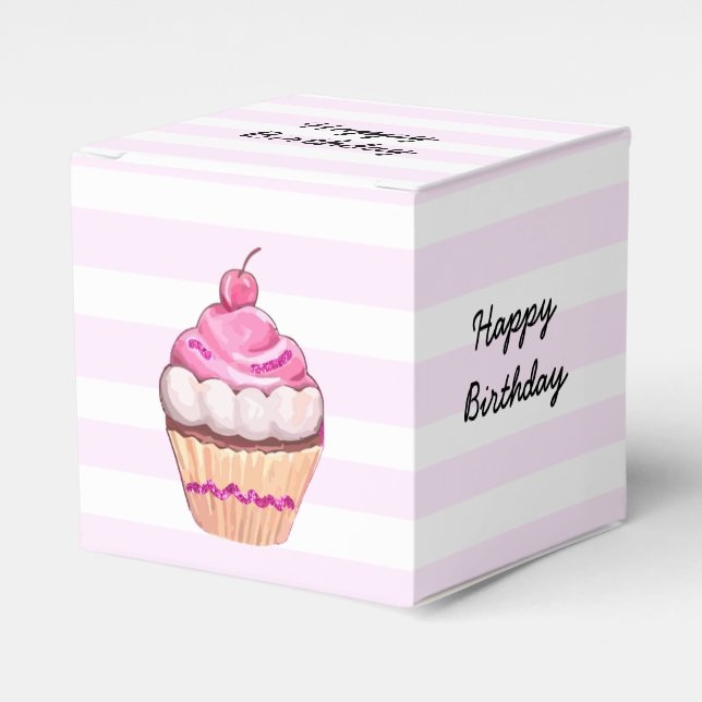 Caixa de Cupcake de Cereja Rosa Feliz Aniversário (Frente)