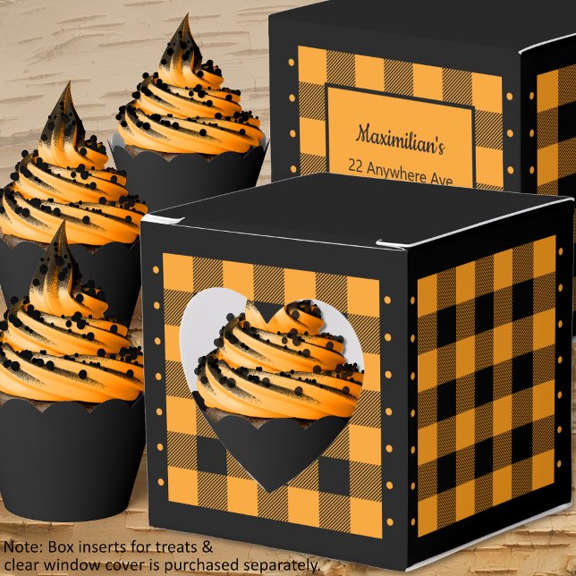 Caixa de Favor - Buffalo Check - Laranja e Preto - (Buffalo Check - Orange and Black - Heart Favor Box - Cupcakes - by Leapfroglisics Shop)